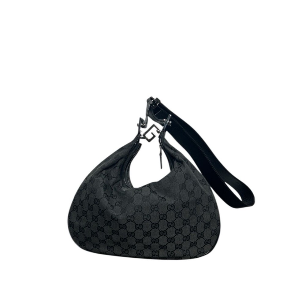 Gucci Black GG Canvas Attaché Hobo Bag Silver G Leather Strap Y2K Tom Ford